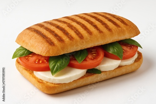 Panini Sandwich Close-Up, Grilled Italian Sandwich with Mozzarella, Tomato, and Basil on White Background