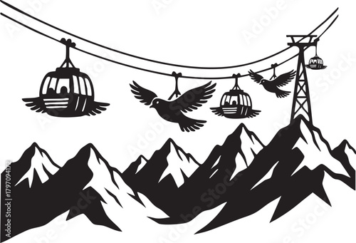 Isolated a kind of mountain range with flying birds cable car vector silhouette symbolizing natural wilderness, freedom and scenic outdoor landscapes