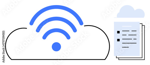 Cloud with blue wireless signal and stacked documents symbolizing data sharing, wireless connectivity, and online storage. Ideal for technology, cloud computing, networking, data transfer, digital