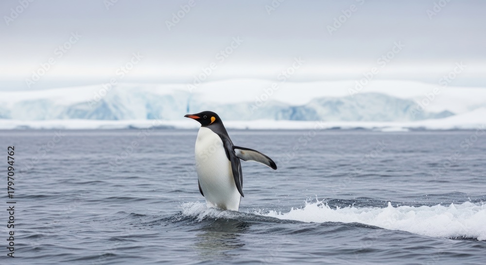 Fototapeta premium A single penguin wades through the ocean water, with icebergs in the background.
