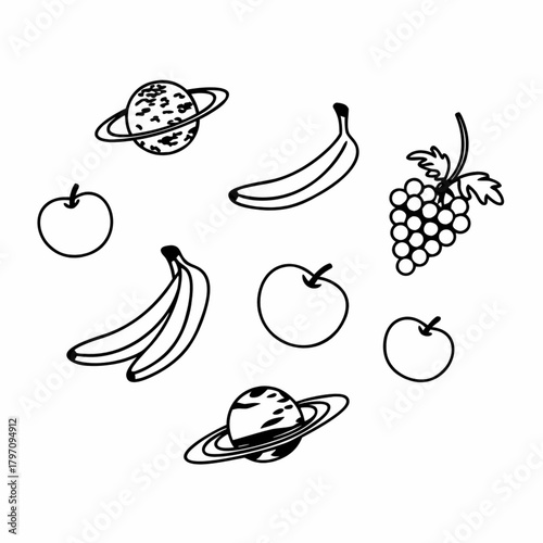 Minimilist illustration of various fruits and planets including bananas grapes apples and saturn like planets vector