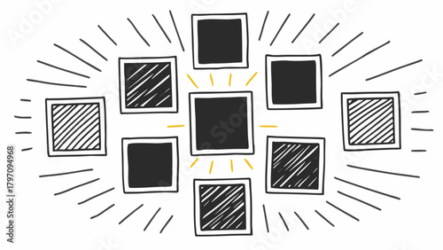 Minimilist hand drawn arrangement of square frames with radiating lines and central focus on one frame design at center vector