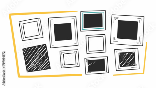Minimilist collection of hand drawn frames in various sizes and orientations within a yellow border line vector