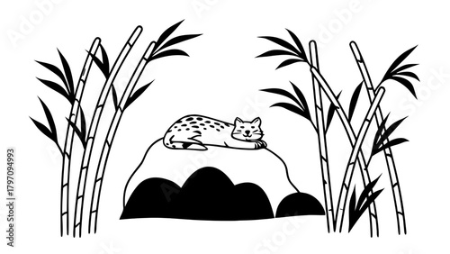 Minimilist a spotted cat rests on a rock surrounded by bamboo stalks in a black and white illustration style image vector