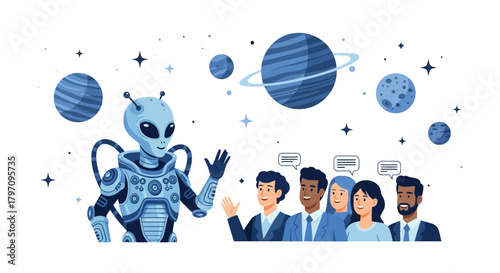 An alien being welcomes a diverse group of people from a distant planet, set against a space