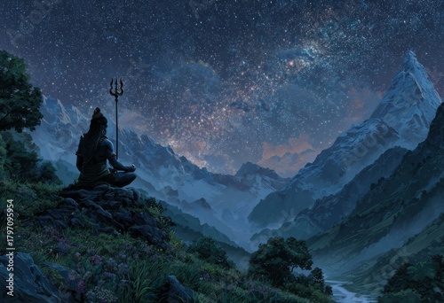 Hindu god Shiva, meditating on Mount Kailasa in the Himalayas