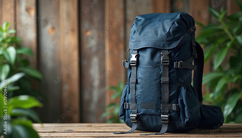 Naklejka premium Dark blue backpack sits on rustic wood planks. Green plants grow around. Modern bag ready for hiking or wilderness travel adventures. Pack essential gear for outdoor excursions.