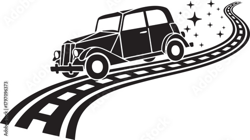 Isolated a kind of vintage car cruising on winding road vector silhouette capturing classic retro automotive journeys and travels