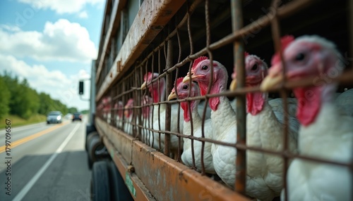 White turkeys with red heads ride in metal cages on large truck. Many poultry transported along rural highway. Cars drive near vehicle carrying farm birds to market. Scene shows agriculture industry,