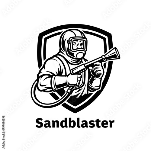 A graphic of a person in protective gear aiming a sandblaster inside of a shield