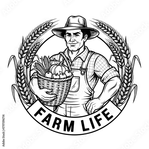 A black and white illustration of a farmer holding a basket of produce in a wheat wreath