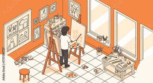 Isometric illustration of a person painting in an art studio filled with creative tools and artwork