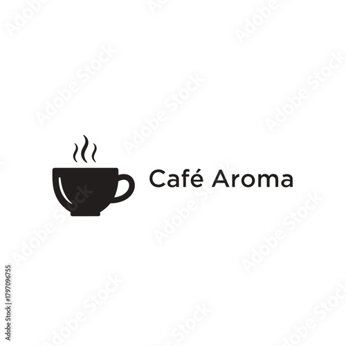 A black coffee cup silhouette with steam above and text to the right on a white background