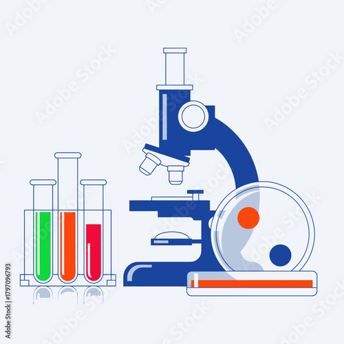 Illustration featuring a microscope, test tubes, and a petri dish, all with a simplified, scientific design