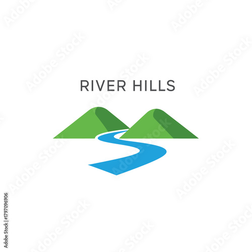 A logo design with green stylized hills, a blue river, and a text, all on a white background