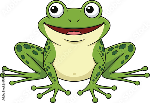 Cute green cartoon frog sitting and smiling, happy amphibian character with spots and big eyes, isolated vector illustration, children's mascot design.