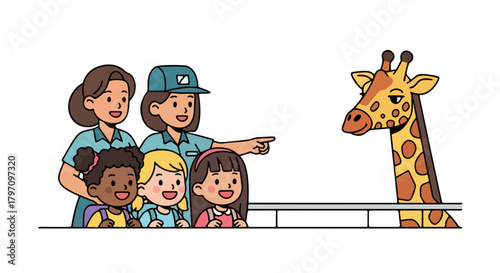 A group of children and two adults are looking at a giraffe over a railing at a zoo. One adult points towards the giraffe.