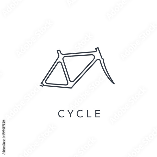 A bicycle frame outline, minimalistic design, with the word "CYCLE" below. Pure white background