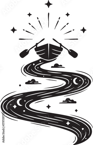 Isolated a kind of kayaker paddling on water with shining vector silhouette for water sports outdoor recreation and adventures