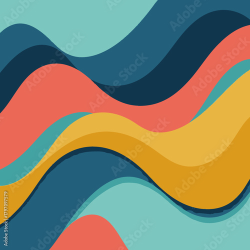 Colorful abstract artwork of layered, flowing waves in shades of blue, coral, and yellow