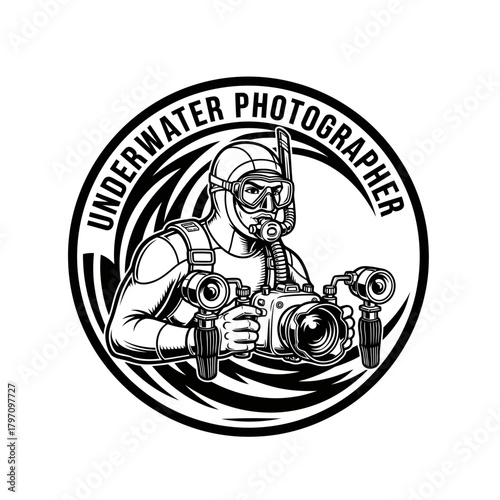 A black and white circular design of a diver holding a camera, with the words "Underwater Photographer" in a curved line around the figure
