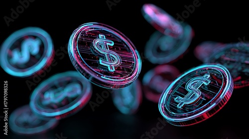 Digital Dollar Coins Floating in Dark Space with Futuristic Neon Glow