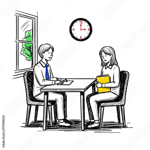 Man interviewing woman in college admissions meeting room, concept of College Admissions    