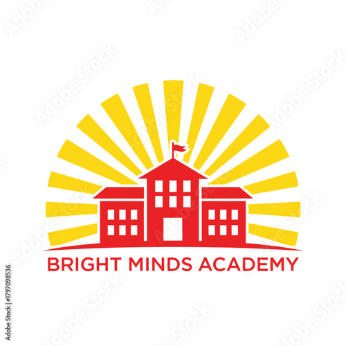 A stylized school illustration featuring a red building under a yellow burst of sun rays, with text below