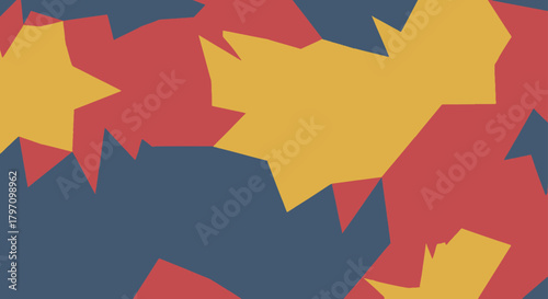 Abstract composition of geometric shapes in red, gold, and blue, creating an irregular pattern