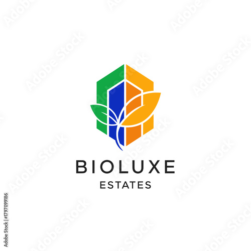 Colorful logo featuring a geometric shape with plant motifs and associated text below