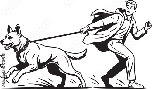 Powerful dog pulling its owner on leash, energetic black and white illustration depicting challenging pet walking moment