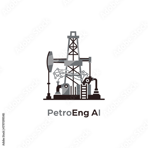 A grayscale illustration of an oil pump jack with neural network integrated elements