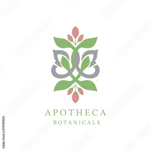 A stylized botanical emblem with an abstract floral design and accompanying text