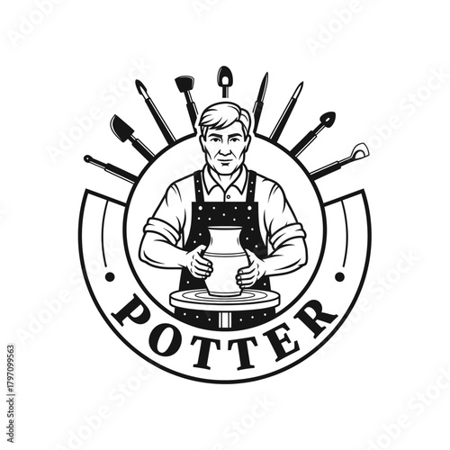 Black and white illustration of a potter crafting on a wheel, surrounded by tools, a circular design
