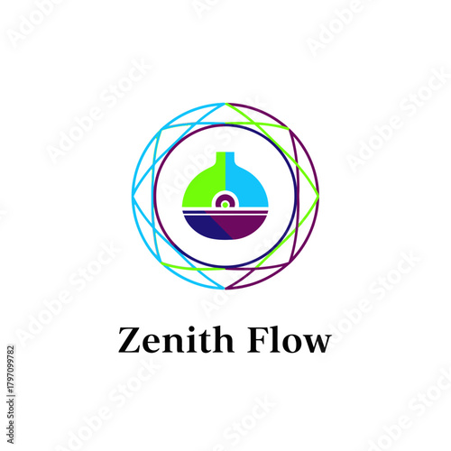 Colorful logo featuring geometric shapes, a stylized vessel, and the words "Zenith Flow