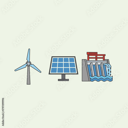 Colorful illustration of renewable energy sources wind turbine, solar panel, and hydro dam