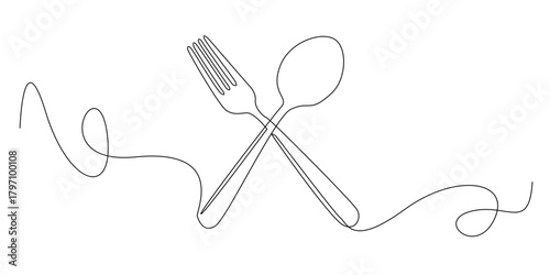 continuous line of crossed spoon and fork. sign or symbol of restaurant, food, cafe, catering. single line vector illustration.