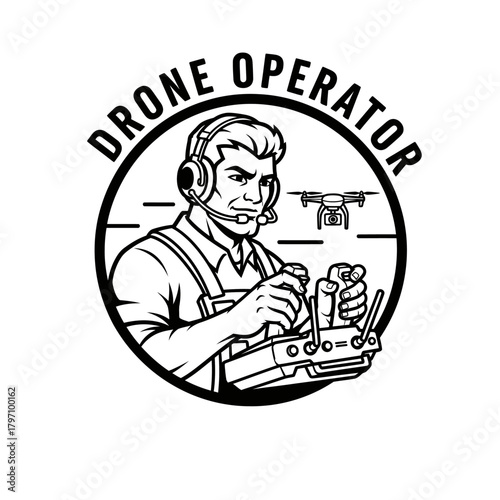Black and white illustration depicts a man operating a remote control, with text "DRONE OPERATOR" above