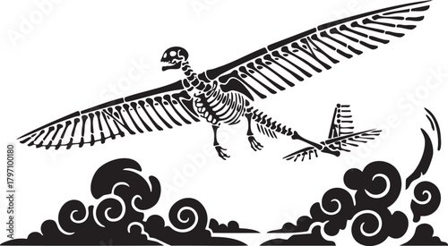 Isolated a kind of pterodactyl in flight vector silhouette with outstretched wings representing prehistoric reptiles and ancient creatures