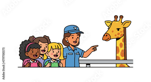 A zoo keeper points at a giraffe while children watch with curiosity.
