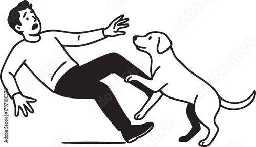 Man tripping over a dog, surprised and falling backward in a clumsy accident. pet animal causing an unexpected danger and surprise.