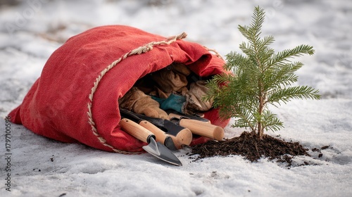 A small tree in a red bag