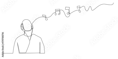 Continuous line of a person listening to music with headphones,with musical notes flowing outward.One line drawing enjoy music.suitable for music themes, audio concepts, and creative expressions.