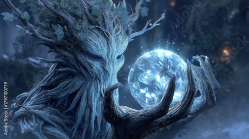 A tree with a glowing globe in its hands