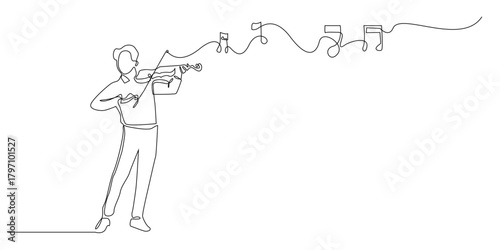 continuous line of man playing violin and playing beautiful melody. one line drawing of orchestra, classical music, romantic music. isolated on white background.