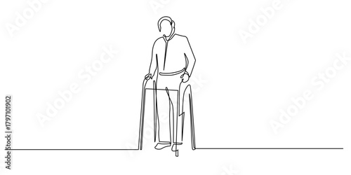 continuous line of an elderly person using a walker. single line of an elderly person standing and supporting himself with a walker, symbolizing care, mobility assistance, aging, and independence.