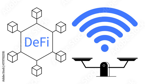 Blockchain network with DeFi text and interconnected blocks alongside a wireless signal over a balanced scale. Ideal for finance, connectivity, equality, innovation, digital economy, technology