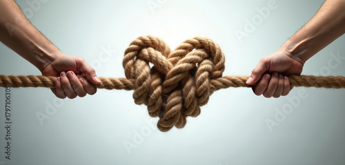 Two hands pull a thick rope forming a heart shape. This visual represents relationship struggles and emotional tug of war. It symbolizes conflicts within love, marriage, or partnerships.
