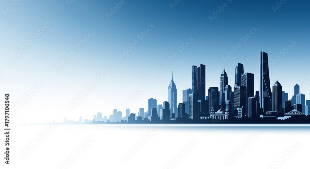 Naklejka premium Modern urban cityscape illustration with blue gradient and towering structures