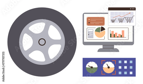 Wheel image paired with a monitor showing charts, graphs, and analytics dashboards. Ideal for automation, data tracking, e-commerce, analytics, logistics, marketing efficiency simple flat metaphor